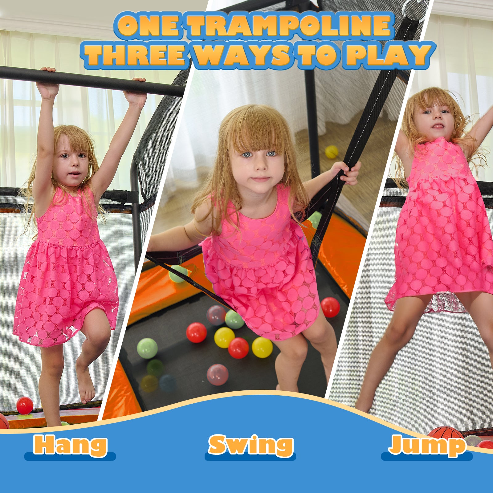 CalmMax 6FT Kids Trampoline with Horizontal Bar and Swing, Rectangle Toddler Trampoline with Enclosure Safety Net, ASTM Approved- Outdoor/Indoor Trampoline for Kids, Toddlers & Baby Orange