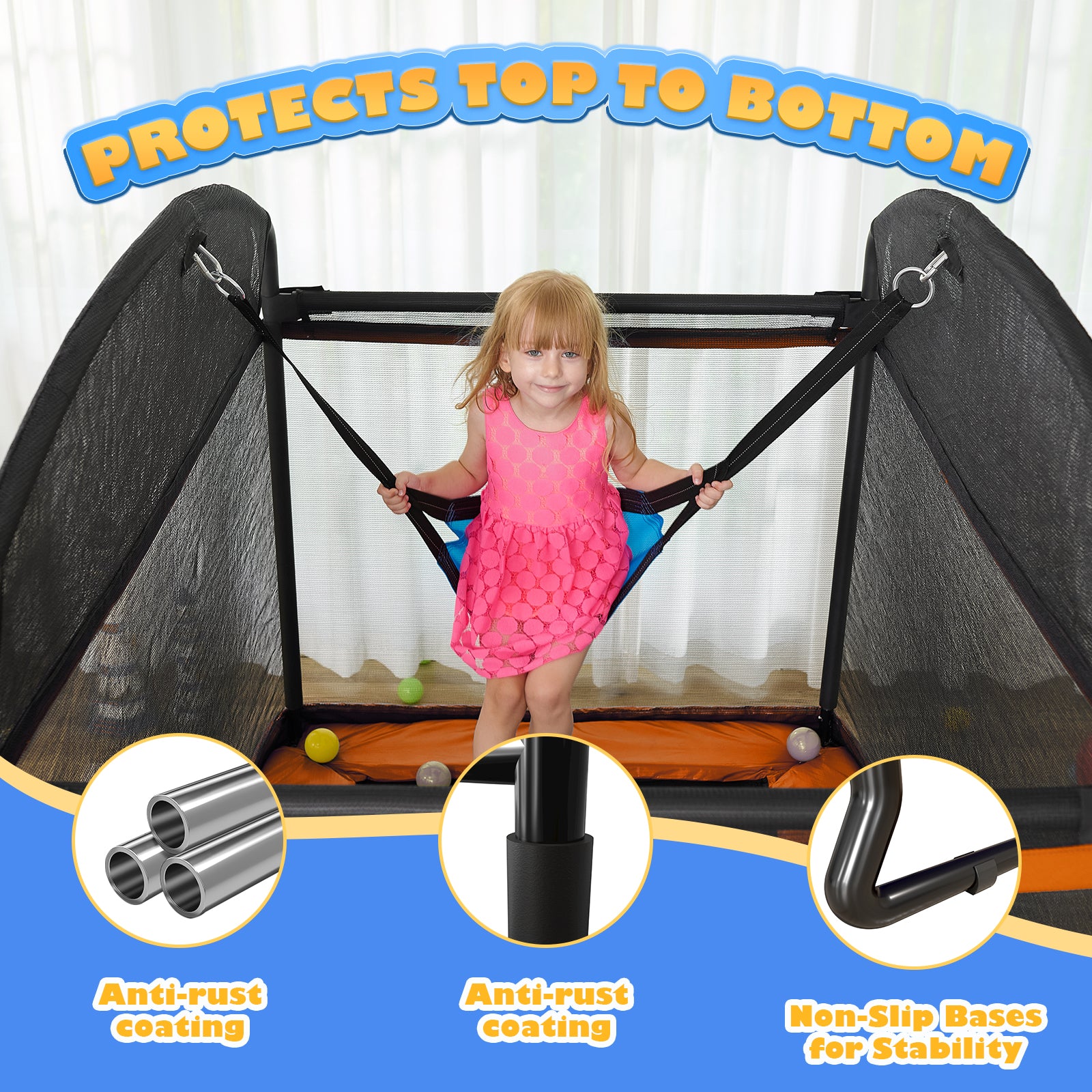 CalmMax 6FT Kids Trampoline with Horizontal Bar and Swing, Rectangle Toddler Trampoline with Enclosure Safety Net, ASTM Approved- Outdoor/Indoor Trampoline for Kids, Toddlers & Baby Orange