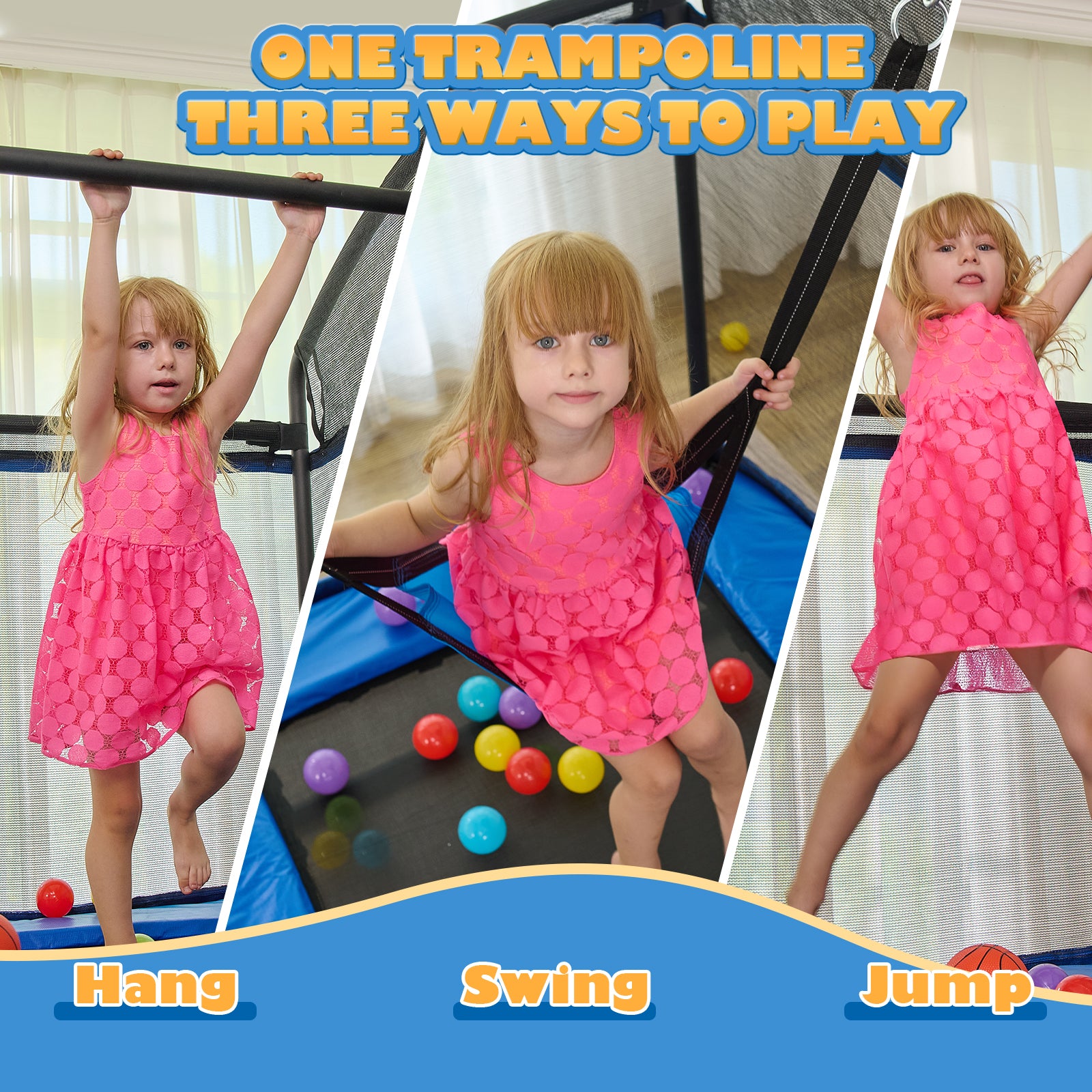 CalmMax 6FT Kids Trampoline with Horizontal Bar and Swing, Rectangle Toddler Trampoline with Enclosure Safety Net, ASTM Approved- Outdoor/Indoor Trampoline for Kids, Toddlers & Baby