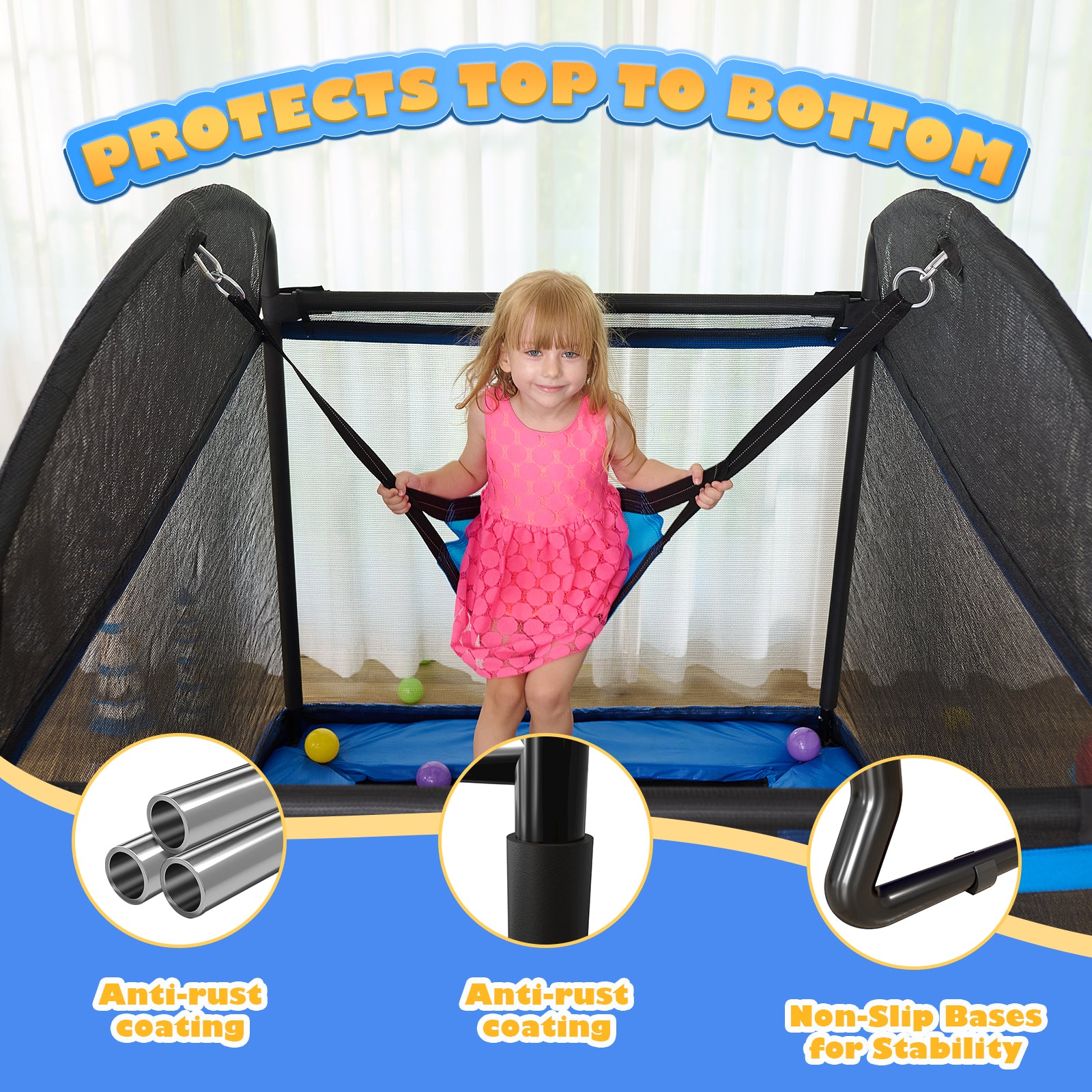 CalmMax 6FT Kids Trampoline with Horizontal Bar and Swing, Rectangle Toddler Trampoline with Enclosure Safety Net, ASTM Approved- Outdoor/Indoor Trampoline for Kids, Toddlers & Baby