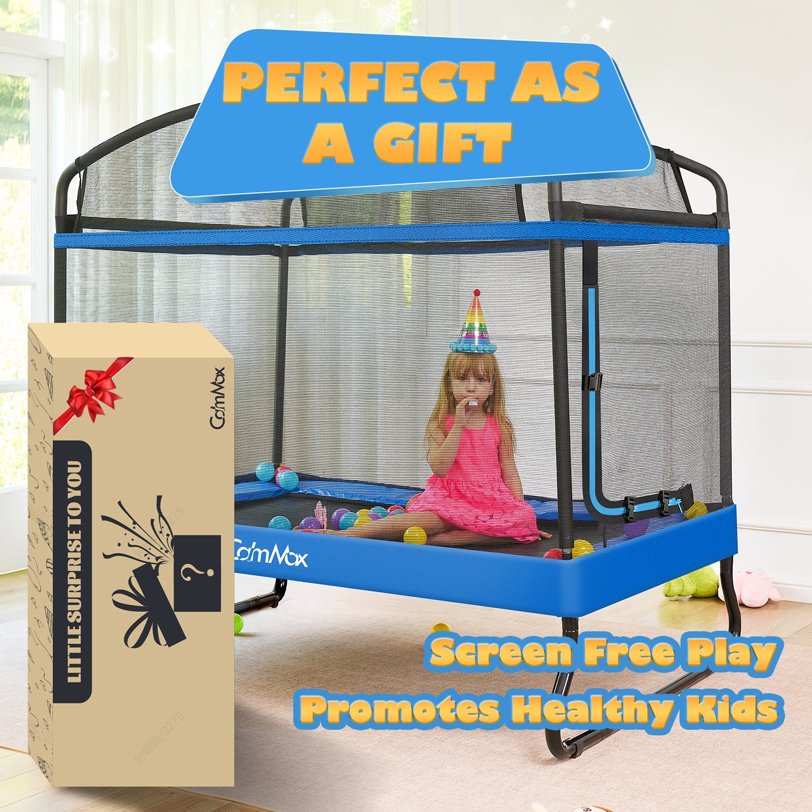 CalmMax 6FT Kids Trampoline with Horizontal Bar and Swing, Rectangle Toddler Trampoline with Enclosure Safety Net, ASTM Approved- Outdoor/Indoor Trampoline for Kids, Toddlers & Baby