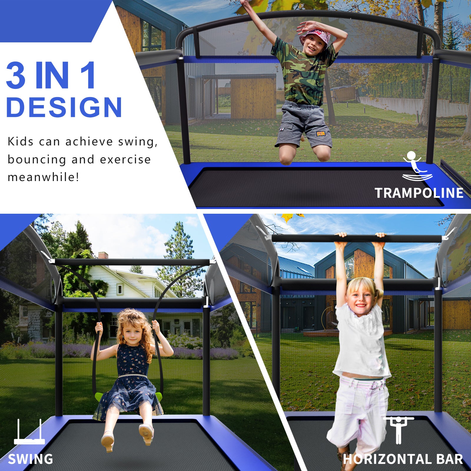 calmmax 6ft kids trampoline with horizontal bar and swing rectangle toddler trampoline with enclosure safety net astm approved outdoor indoor trampoli