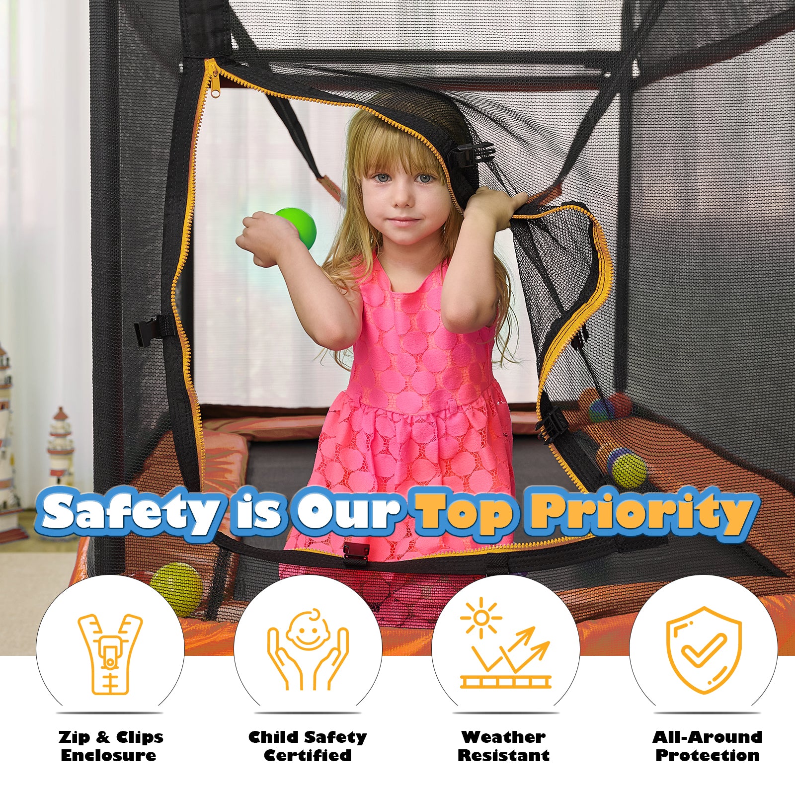 CalmMax 6FT Kids Trampoline with Horizontal Bar and Swing, Rectangle Toddler Trampoline with Enclosure Safety Net, ASTM Approved- Outdoor/Indoor Trampoline for Kids, Toddlers & Baby Orange