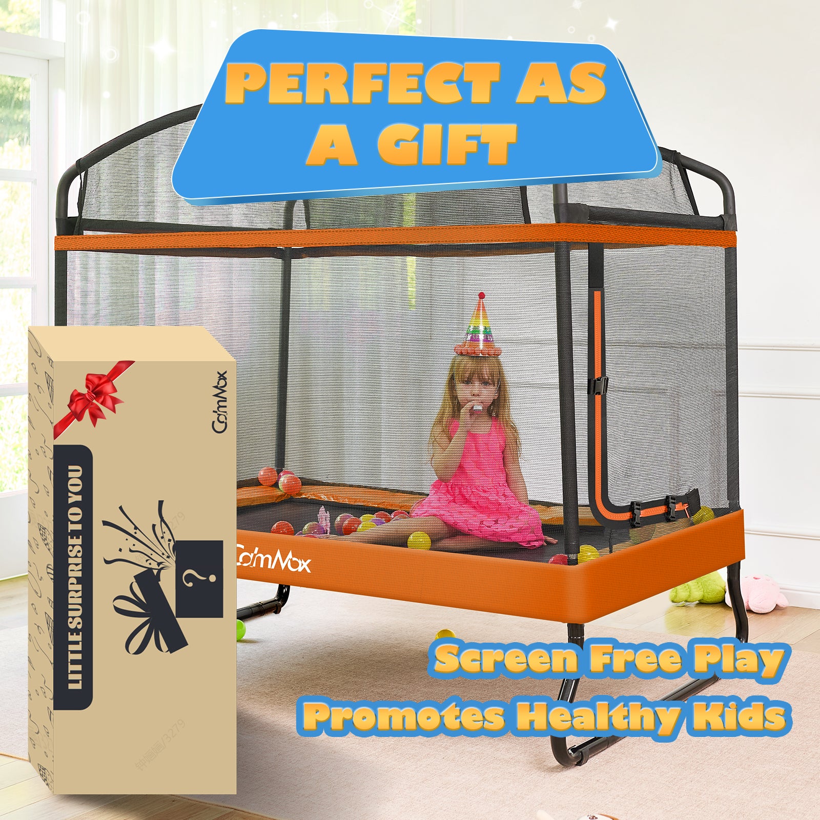 CalmMax 6FT Kids Trampoline with Horizontal Bar and Swing, Rectangle Toddler Trampoline with Enclosure Safety Net, ASTM Approved- Outdoor/Indoor Trampoline for Kids, Toddlers & Baby Orange