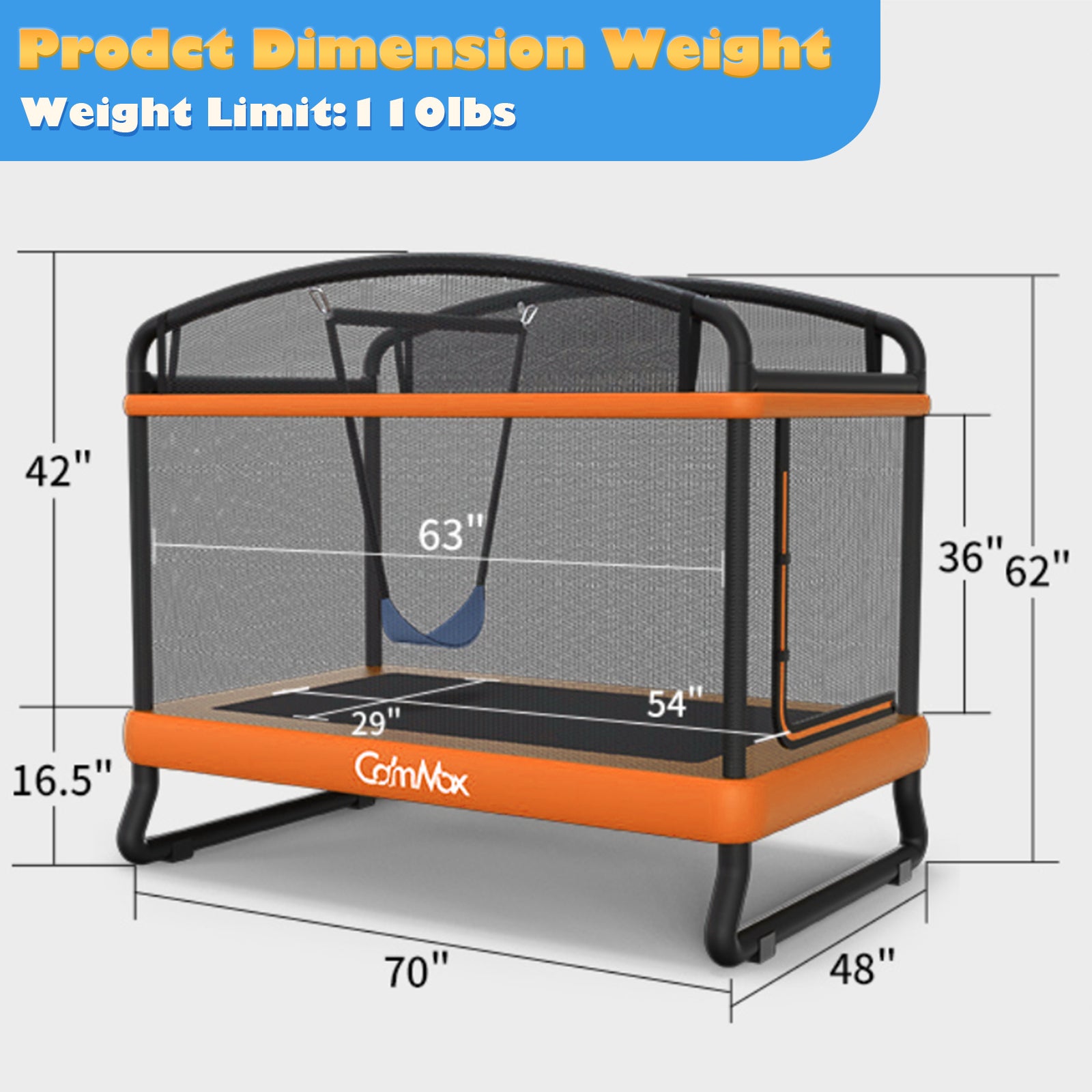 CalmMax 6FT Kids Trampoline with Horizontal Bar and Swing, Rectangle Toddler Trampoline with Enclosure Safety Net, ASTM Approved- Outdoor/Indoor Trampoline for Kids, Toddlers & Baby Orange