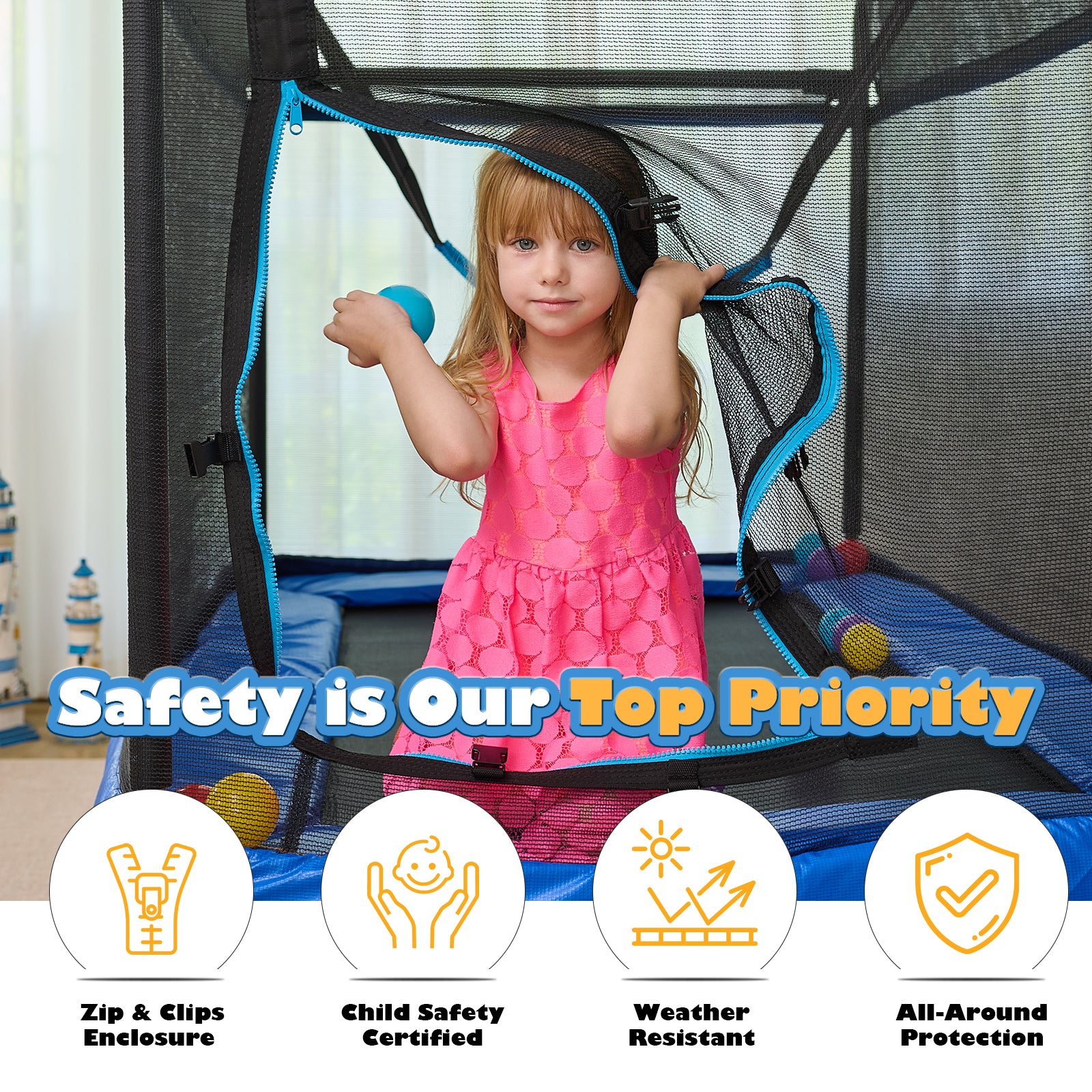 CalmMax 6FT Kids Trampoline with Horizontal Bar and Swing, Rectangle Toddler Trampoline with Enclosure Safety Net, ASTM Approved- Outdoor/Indoor Trampoline for Kids, Toddlers & Baby
