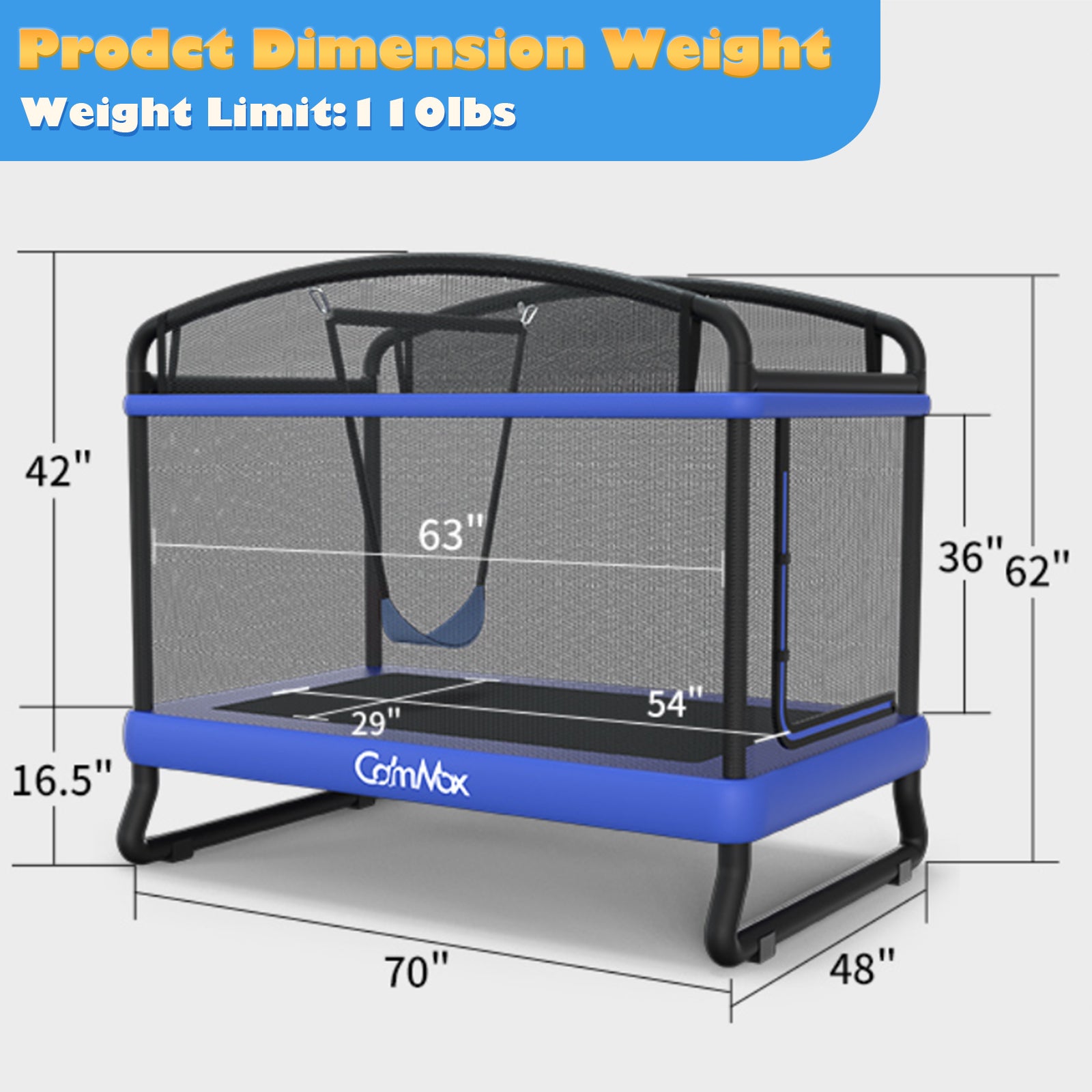 CalmMax 6FT Kids Trampoline with Horizontal Bar and Swing, Rectangle Toddler Trampoline with Enclosure Safety Net, ASTM Approved- Outdoor/Indoor Trampoline for Kids, Toddlers & Baby